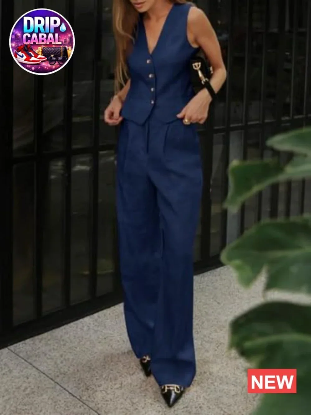 2 Piece Outfits V Neck Crop Vest Blazer and Wide Leg Suit Pants Set